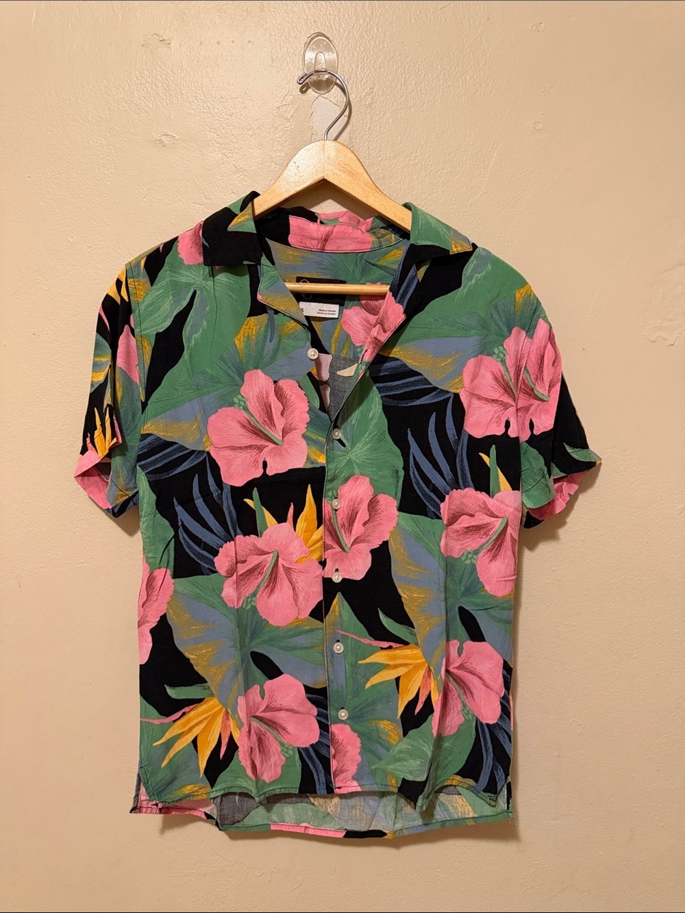 Original Use Black Tropical Floral Button-Front Shirt with Pink & Green Accents